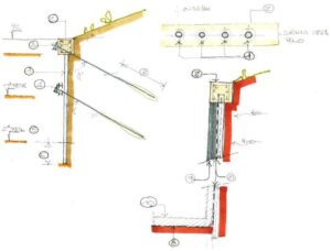 IMMAGINE 1: Parti componenti la paratia “berlinese”: 1. Micropali; 2. Cordolo testa-palo, 3. 1° ordine di tiranti; 4. 2° ordine di tiranti; 5. Seconda fase di scavo; 6. Infissione oltre il piano di scavo; 7. Lunghezza tirante aderente; 8. Guaina bentonitica; 9. Getto di controparete; 10. Platea di fondazione. 