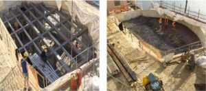 Figura 8 - Posizionamento struttura metallica e posa in opera dell'armatura di fondo della piscina